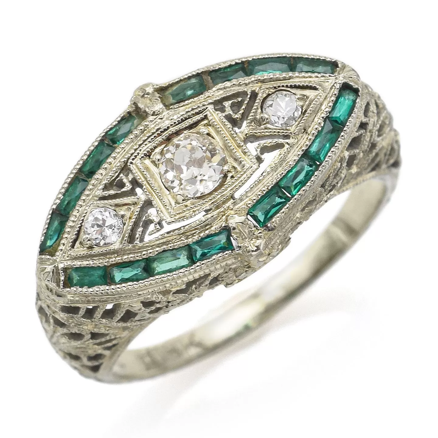 Antique 18K White Gold Diamond & Green Paste Art Deco Band Ring