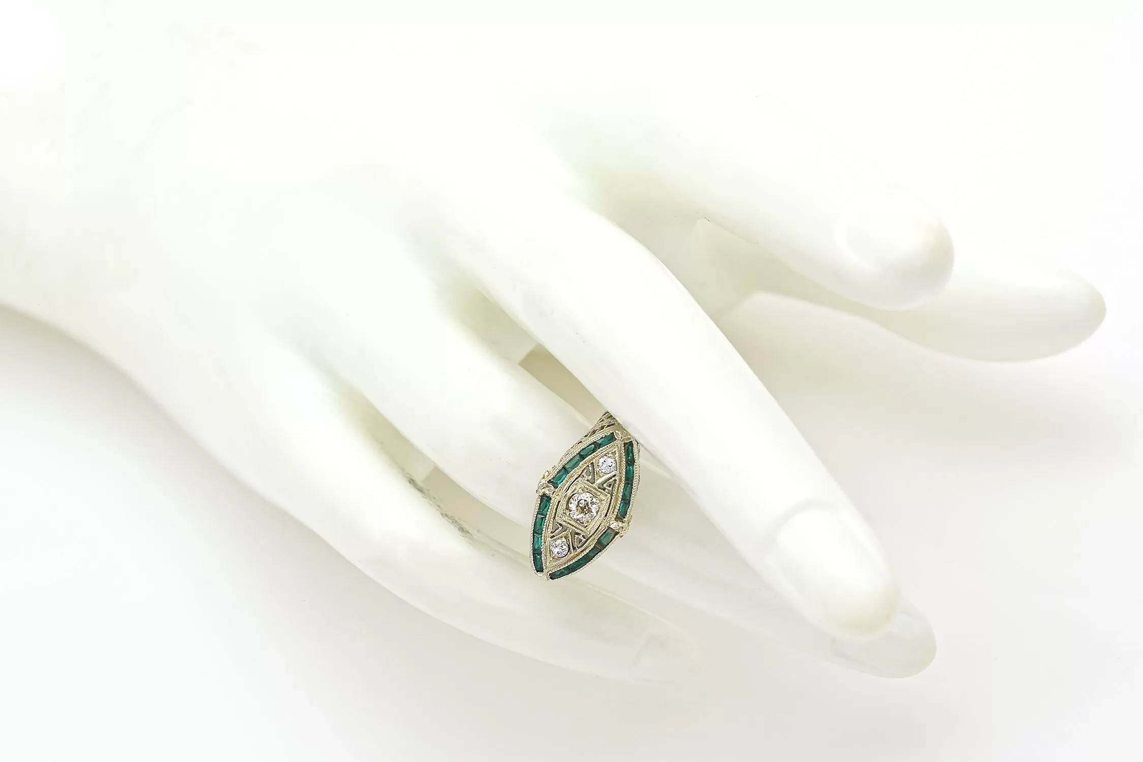 Antique 18K White Gold Diamond & Green Paste Art Deco Band Ring