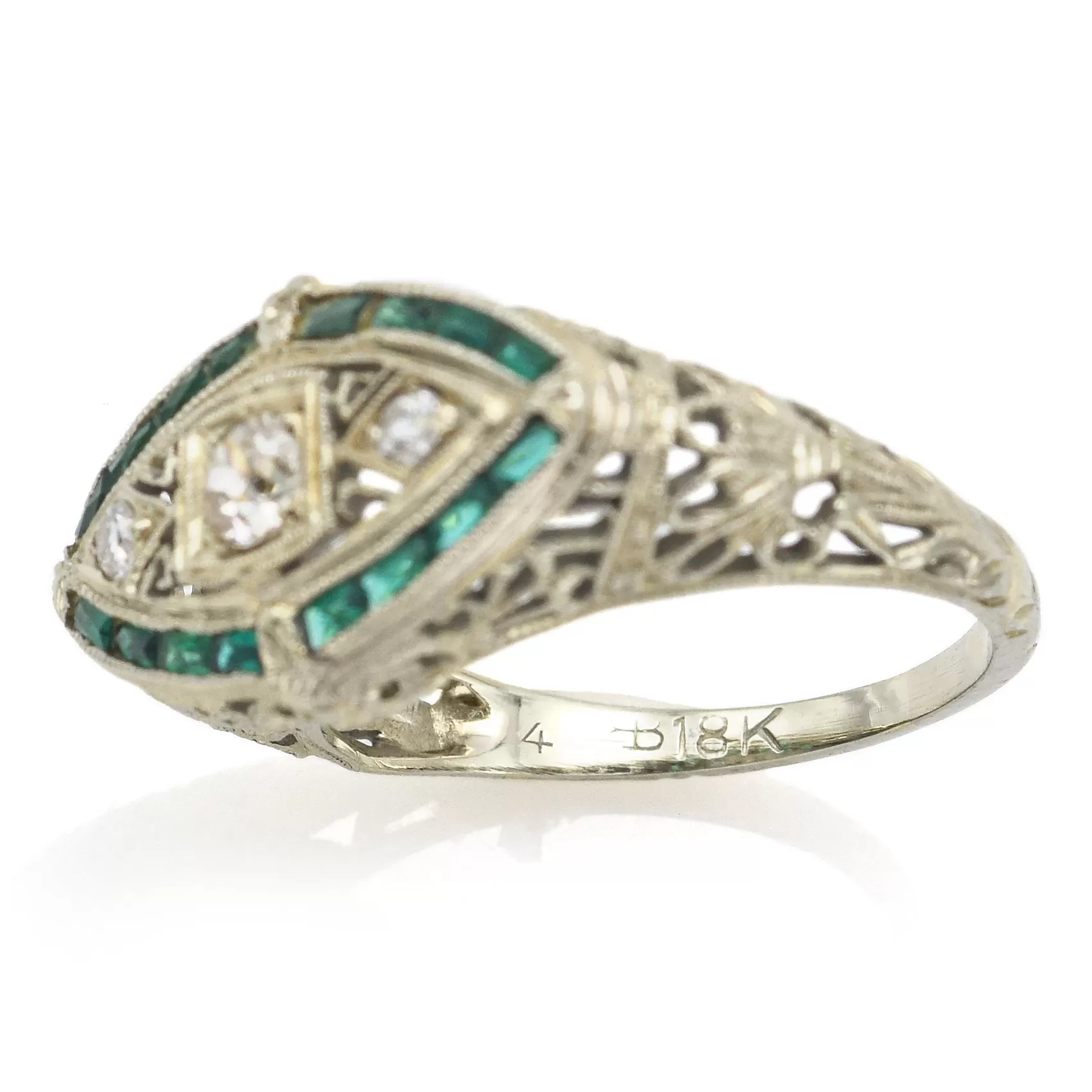 Antique 18K White Gold Diamond & Green Paste Art Deco Band Ring