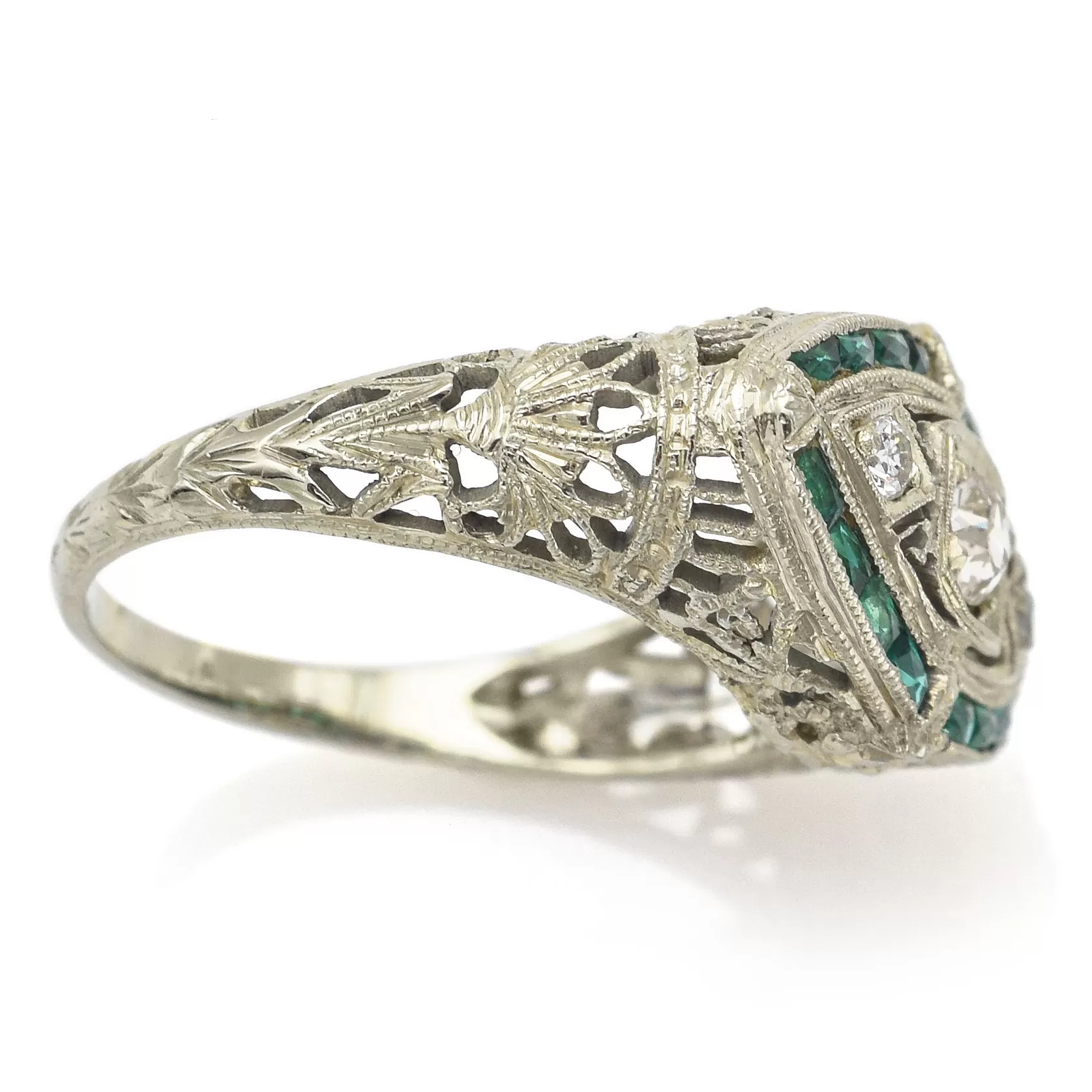 Antique 18K White Gold Diamond & Green Paste Art Deco Band Ring