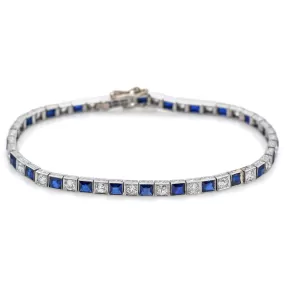 Antique Art Deco Platinum 1.92 TCW Old Euro Diamond & Sapphire Tennis Bracelet