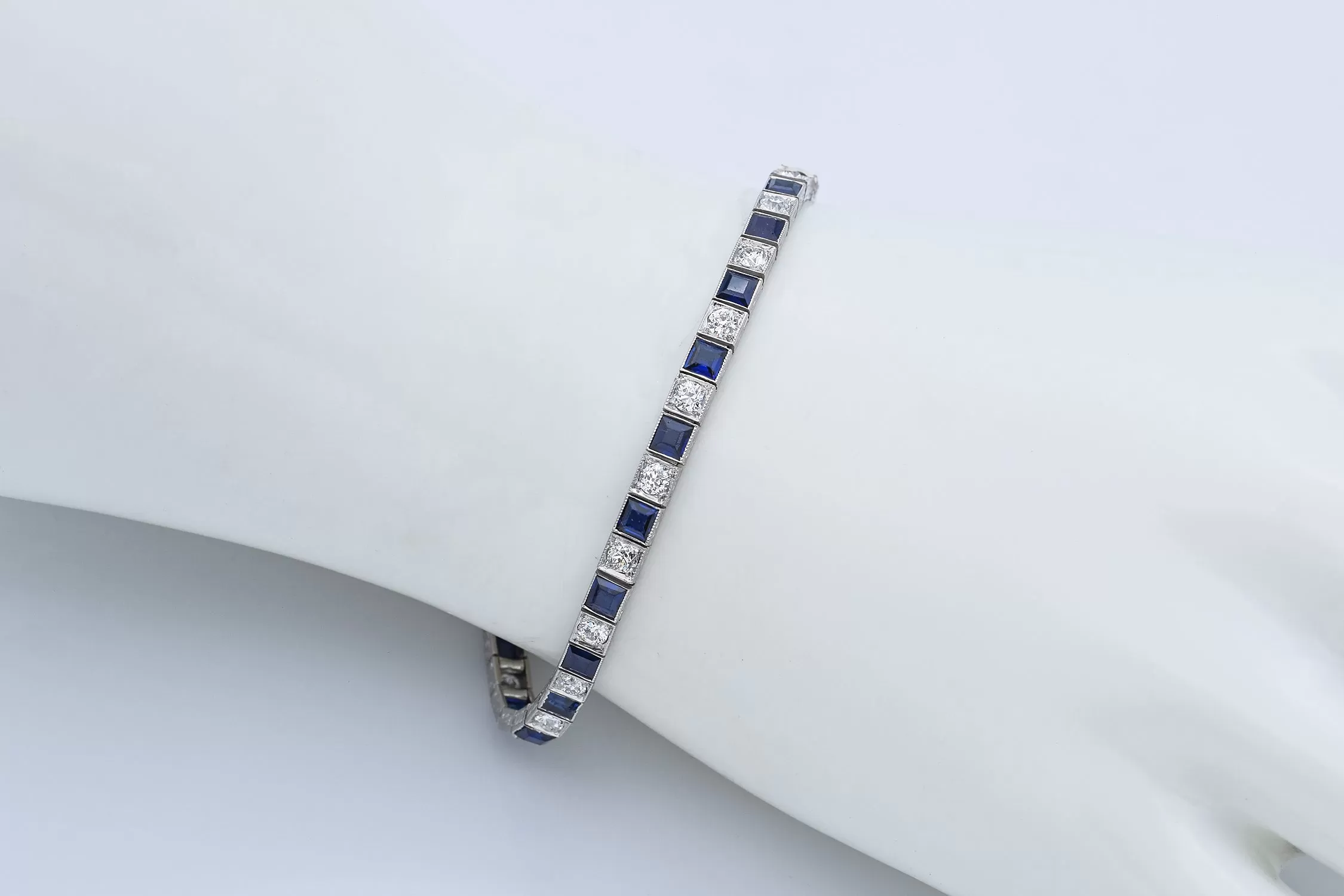 Antique Art Deco Platinum 1.92 TCW Old Euro Diamond & Sapphire Tennis Bracelet