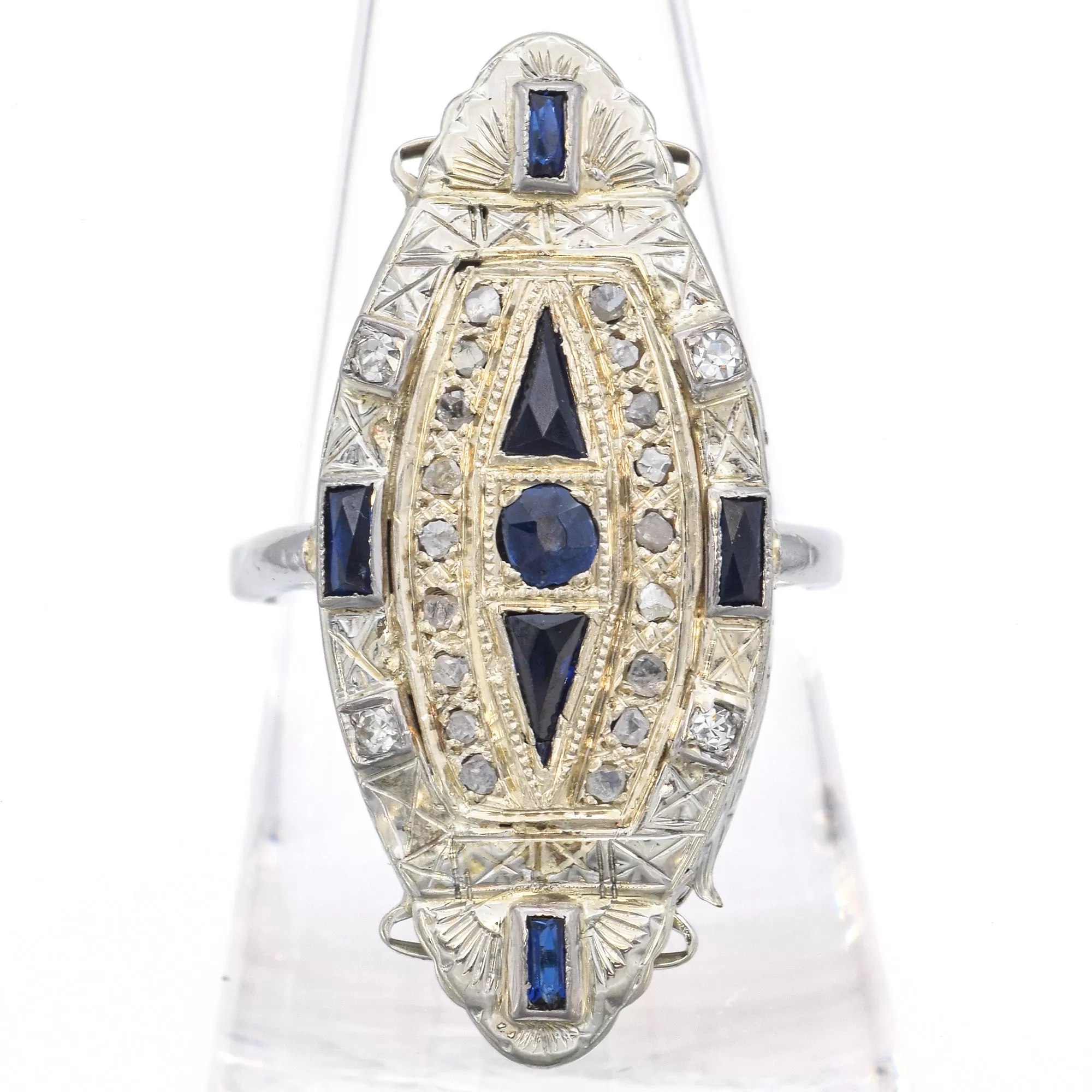 Antique Art Deco Platinum & 18K Gold Diamond & Lab Sapphire Watch Case Ring Size 9.5