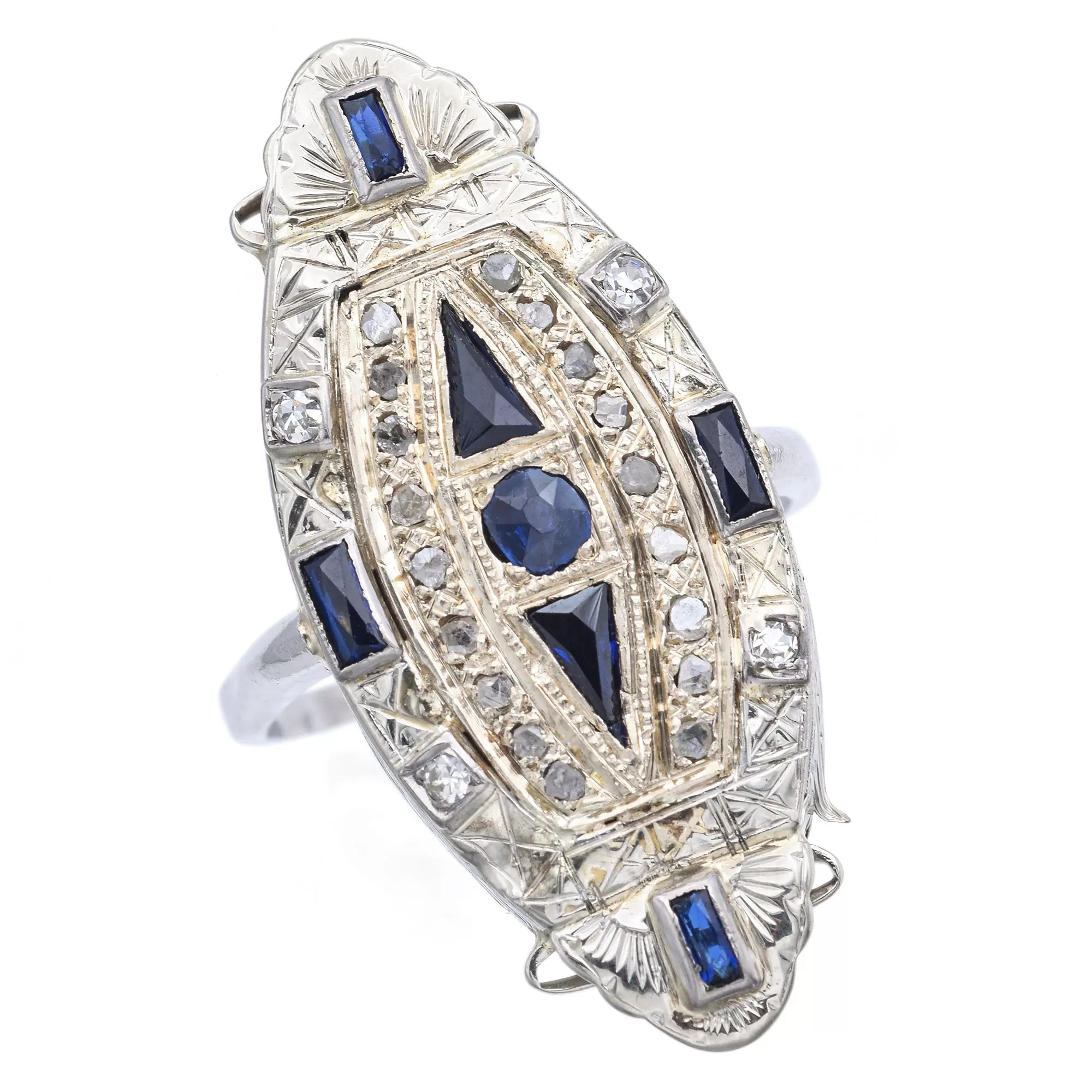 Antique Art Deco Platinum & 18K Gold Diamond & Lab Sapphire Watch Case Ring Size 9.5