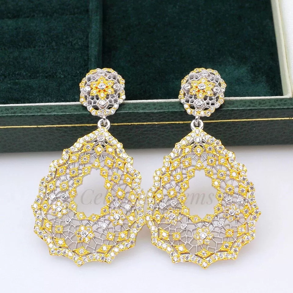 Antique Italian Gold Plated 925 Sterling Silver Drop Statement Earrings (Gold, Silver, Black)