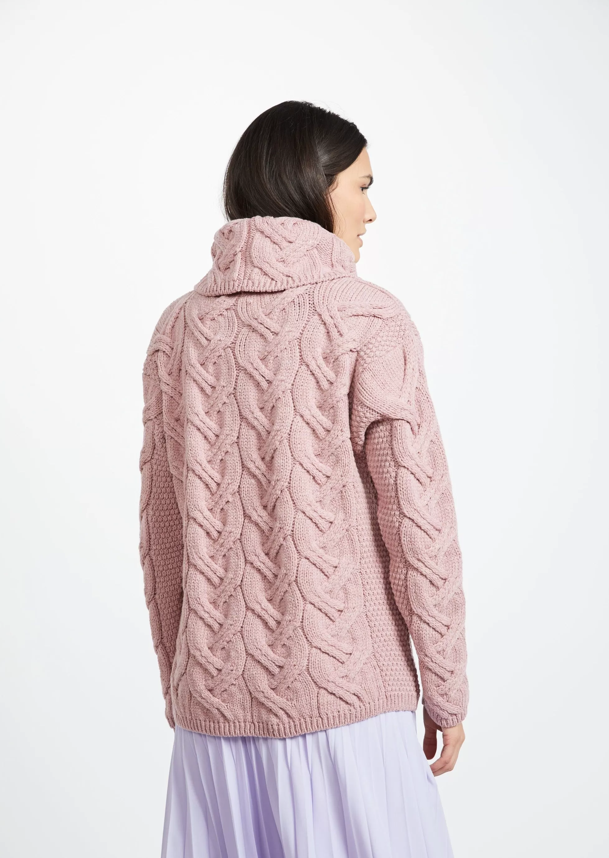 Aran Cowl Neck Chunky Sweater | Pink