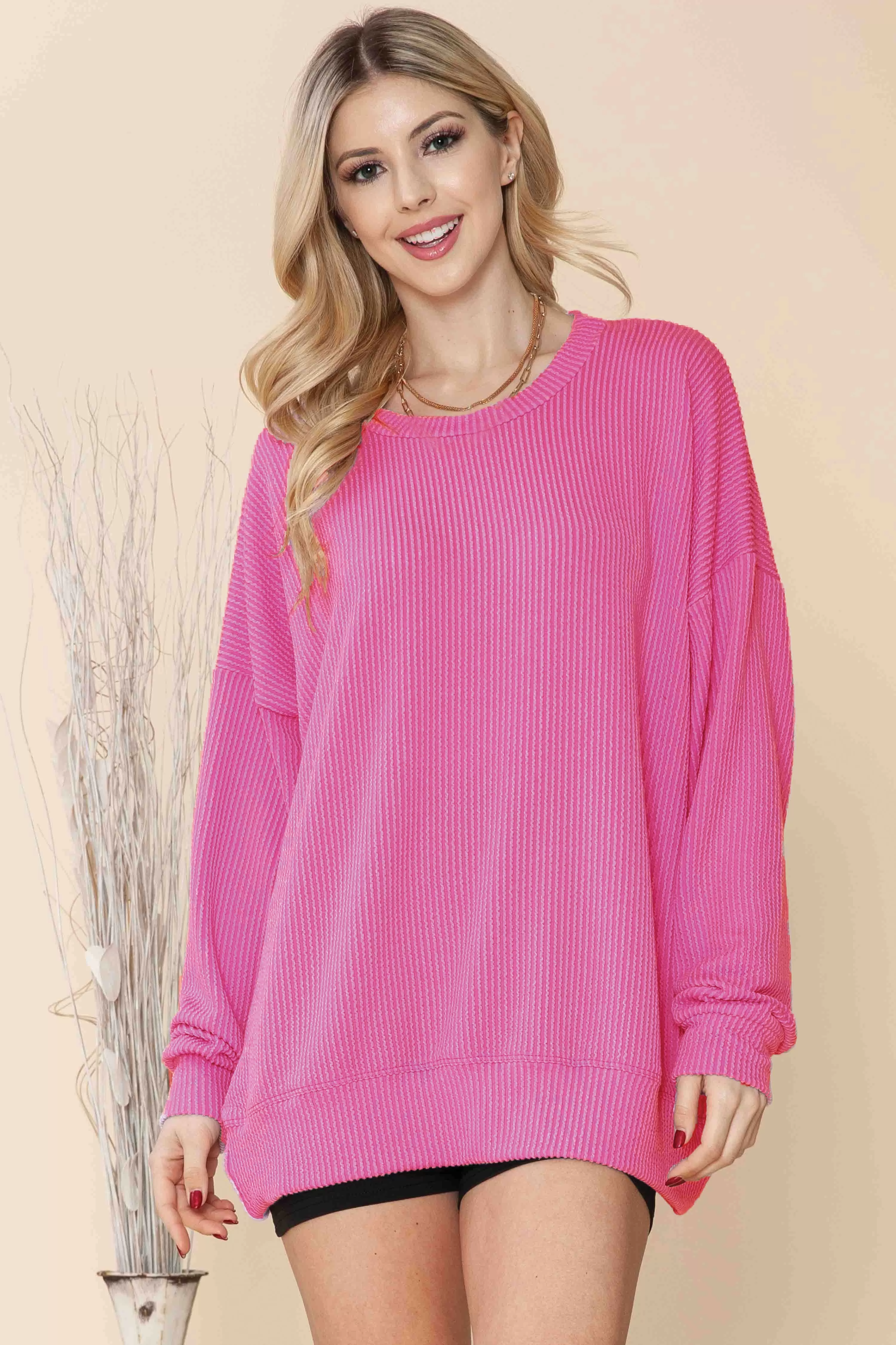 Ariana Ribbed Oversized Sweatshirt, Fuchsia