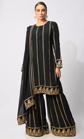 Artisanal Charm: Elegant Black Embroidered 3 Pc Sharara Set