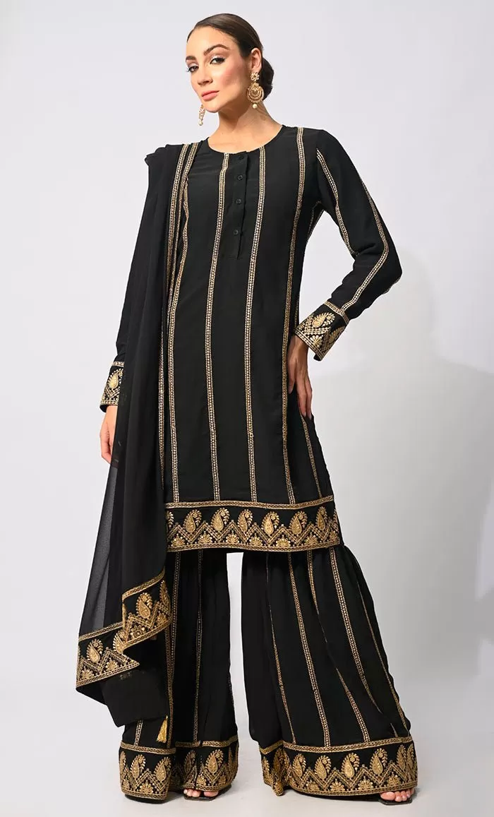 Artisanal Charm: Elegant Black Embroidered 3 Pc Sharara Set