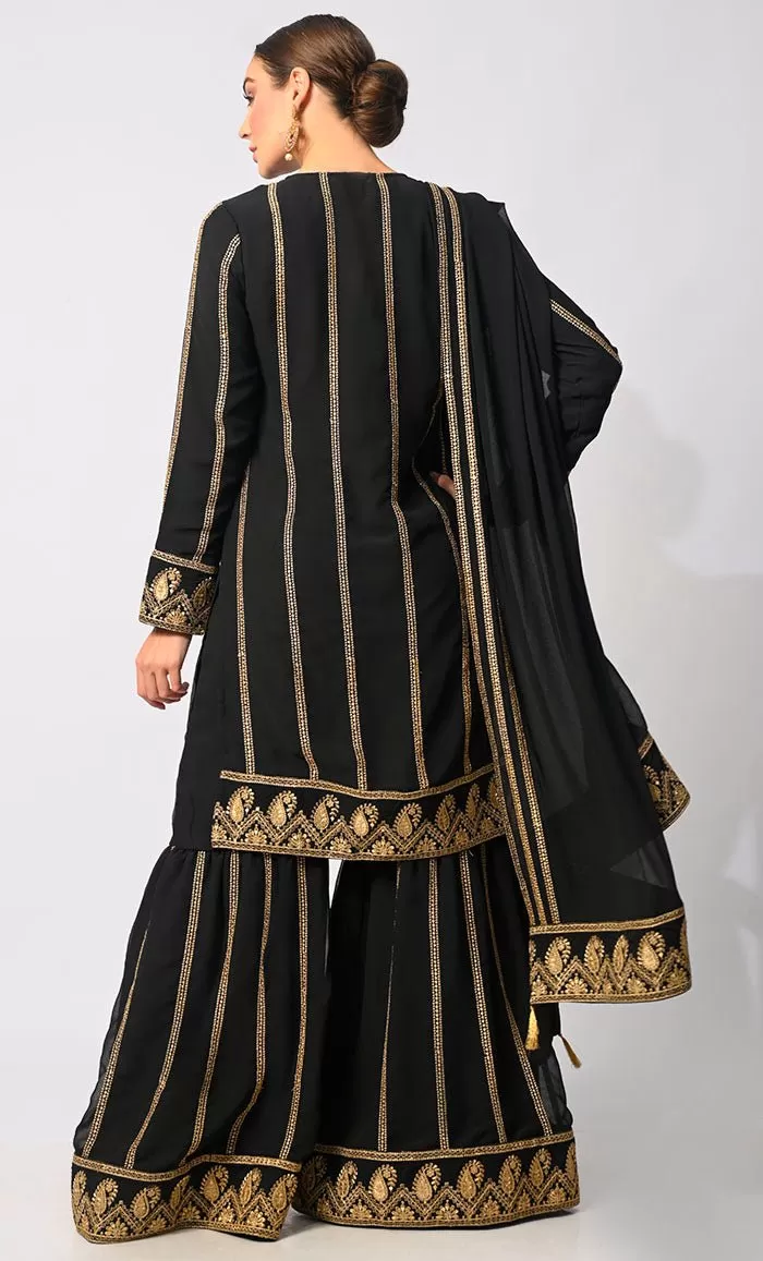 Artisanal Charm: Elegant Black Embroidered 3 Pc Sharara Set