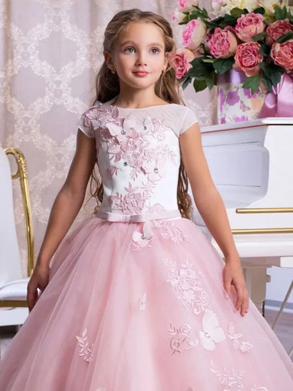 Bateau Neck Sleeveless Flower Girl Dresses Ankle Length Bows Sash Butterfly Kids Party Dresses