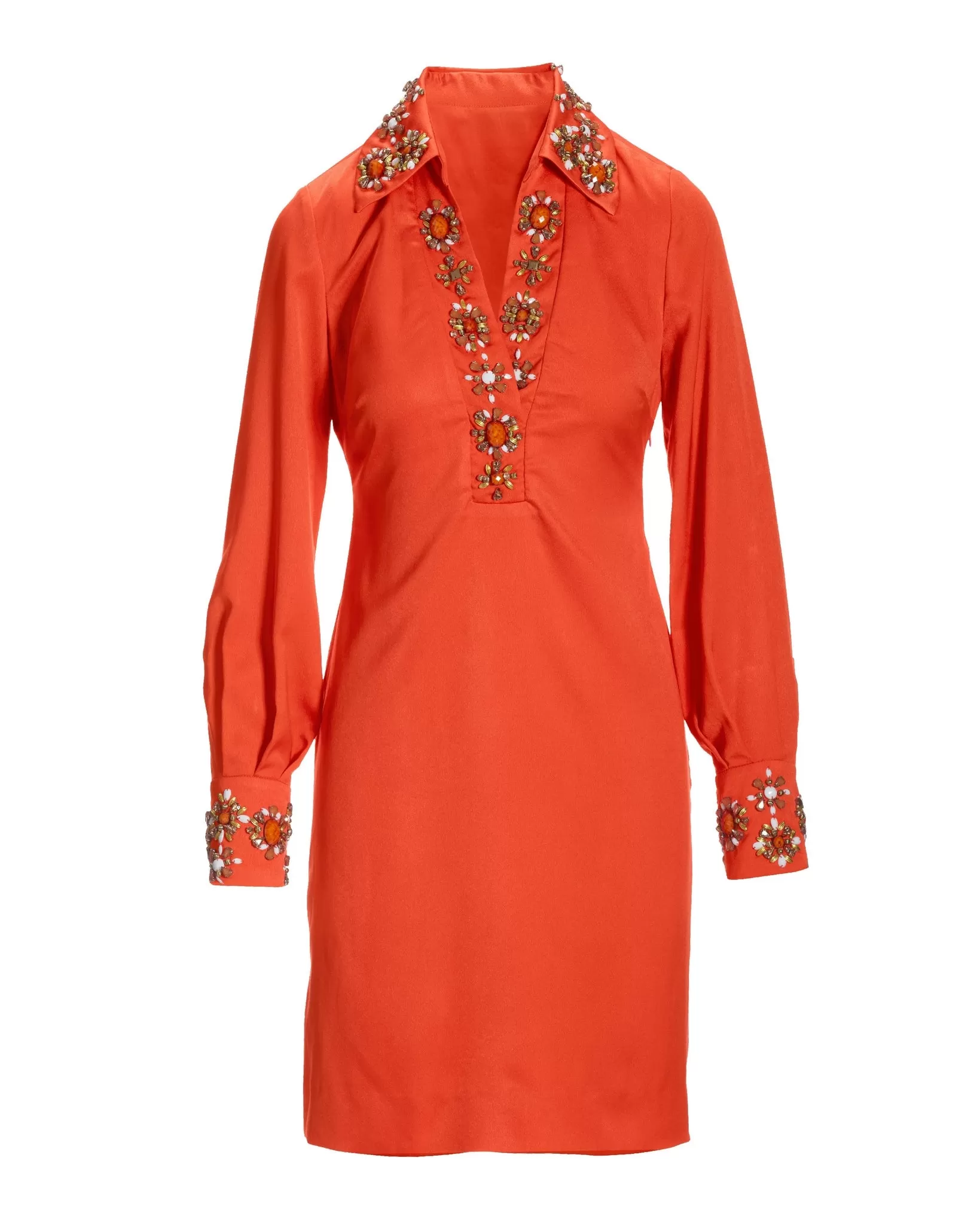 Beaded Embellished Trim Collared Tunic Dress Flame