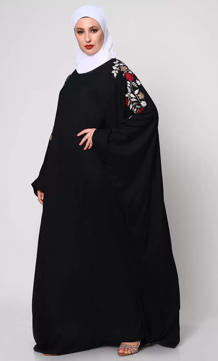 Beautiful Floral Embroiderd Black Kaftan with Pockets