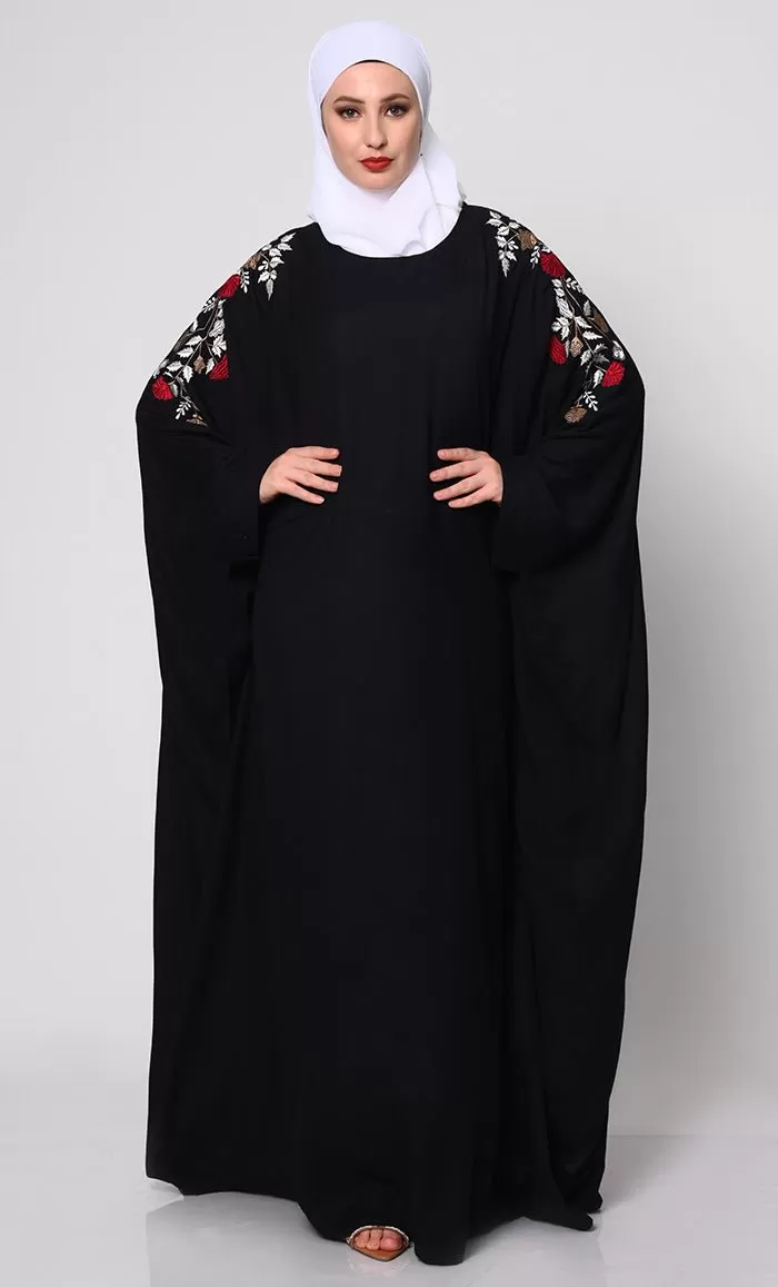 Beautiful Floral Embroiderd Black Kaftan with Pockets