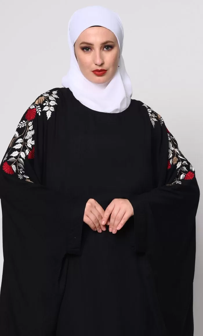 Beautiful Floral Embroiderd Black Kaftan with Pockets