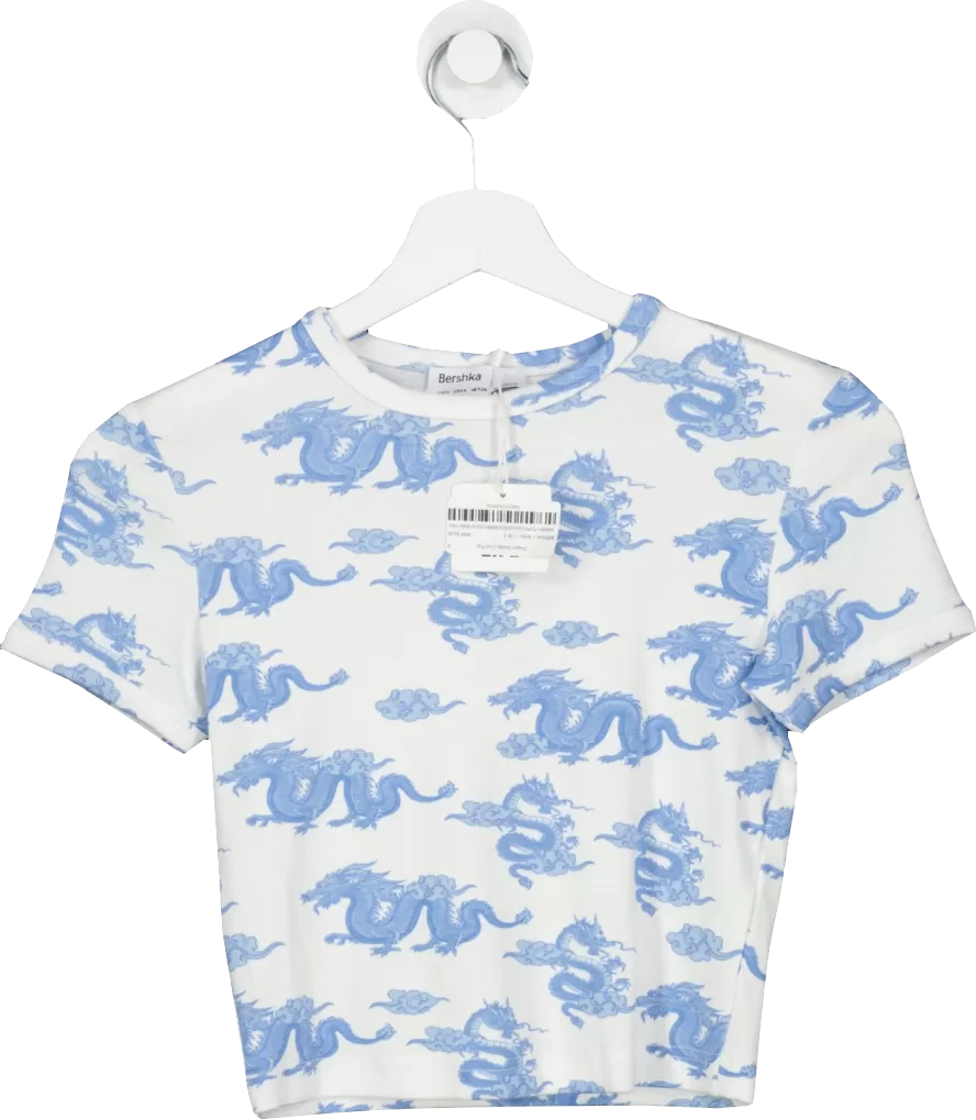 BERSHA White Dragon Design Crop Top UK S