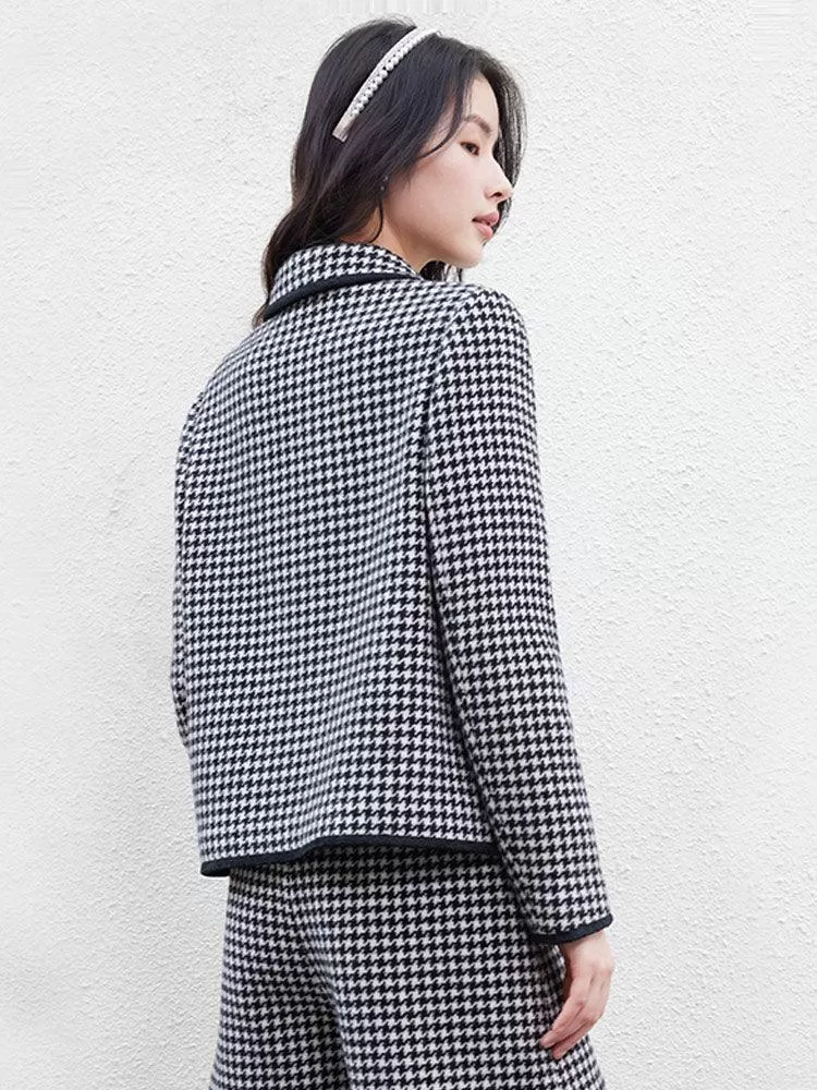 Black And White Woolen Houndstooth Crop Coat