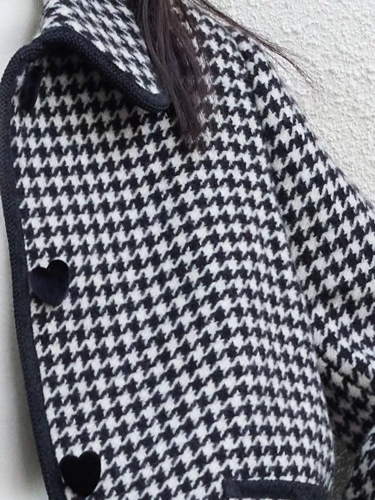 Black And White Woolen Houndstooth Crop Coat