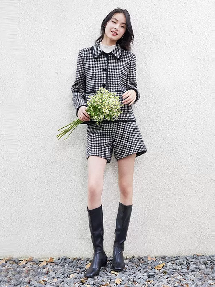 Black And White Woolen Houndstooth Crop Coat