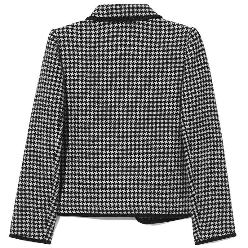 Black And White Woolen Houndstooth Crop Coat