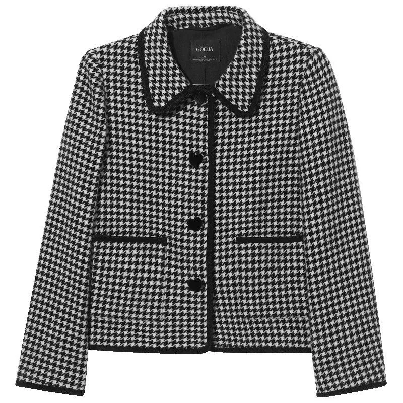 Black And White Woolen Houndstooth Crop Coat