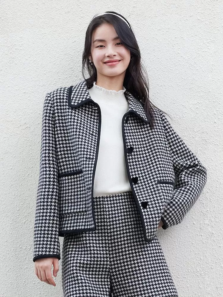 Black And White Woolen Houndstooth Crop Coat