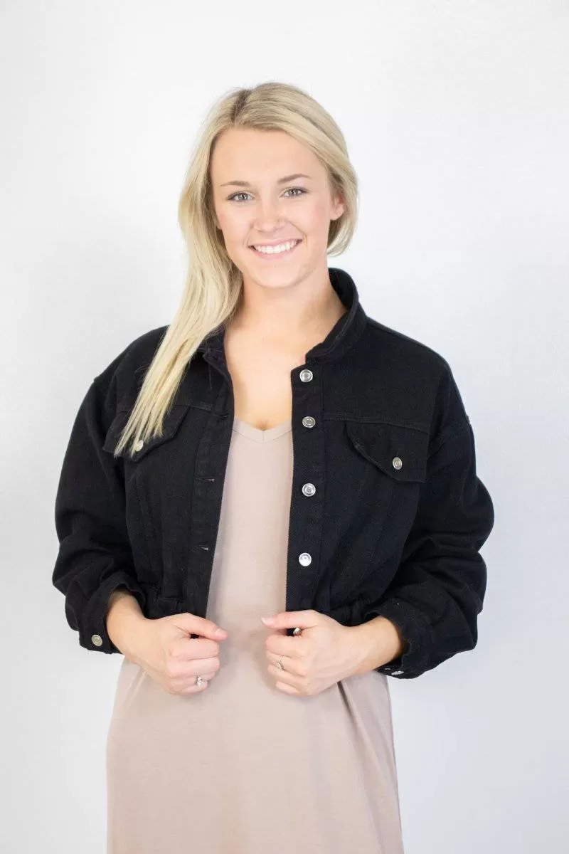 Black Puff Sleeve Crop Denim Jacket