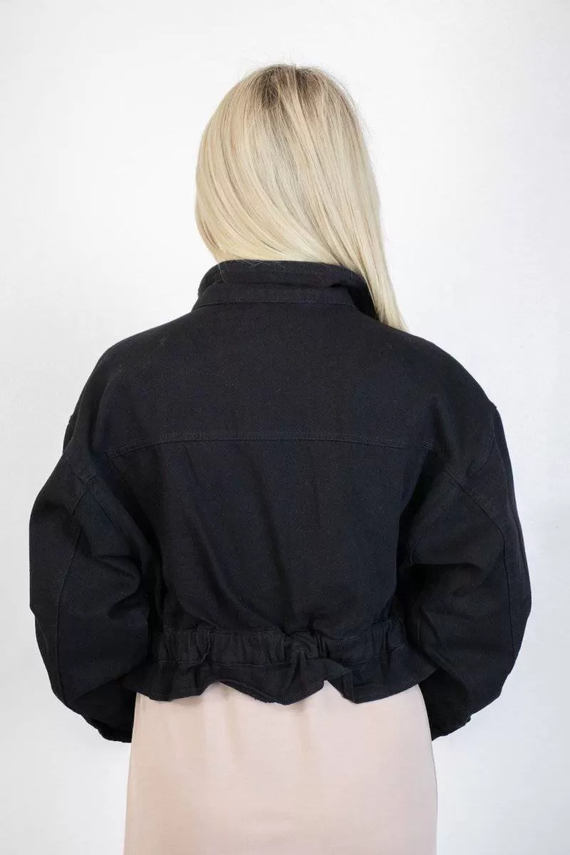 Black Puff Sleeve Crop Denim Jacket