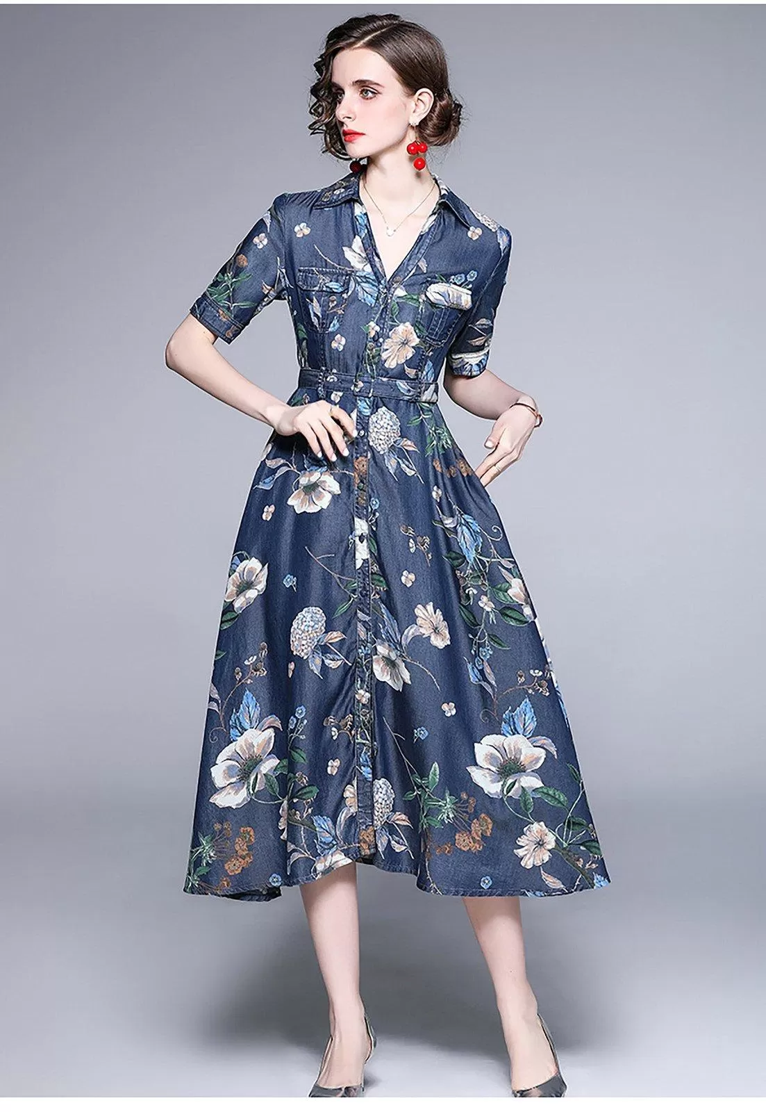 Blue Denim Floral Print Short Sleeve Fit & Flare Shirtdress