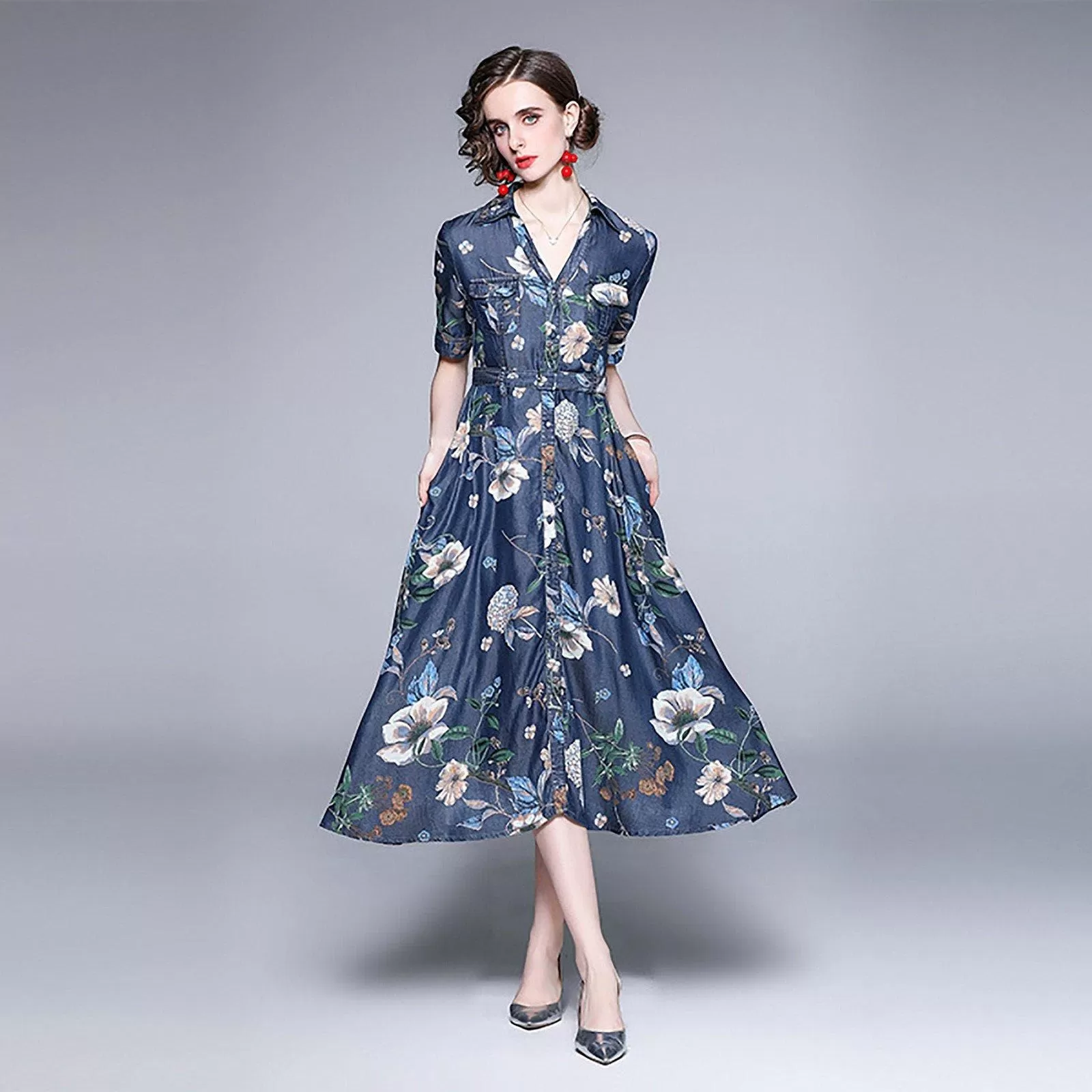 Blue Denim Floral Print Short Sleeve Fit & Flare Shirtdress