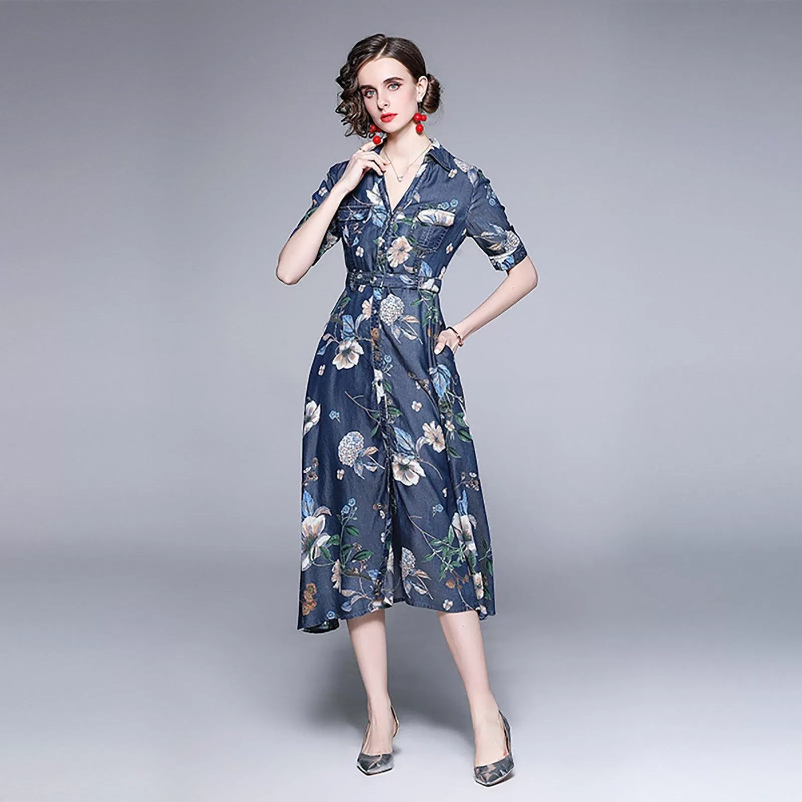 Blue Denim Floral Print Short Sleeve Fit & Flare Shirtdress