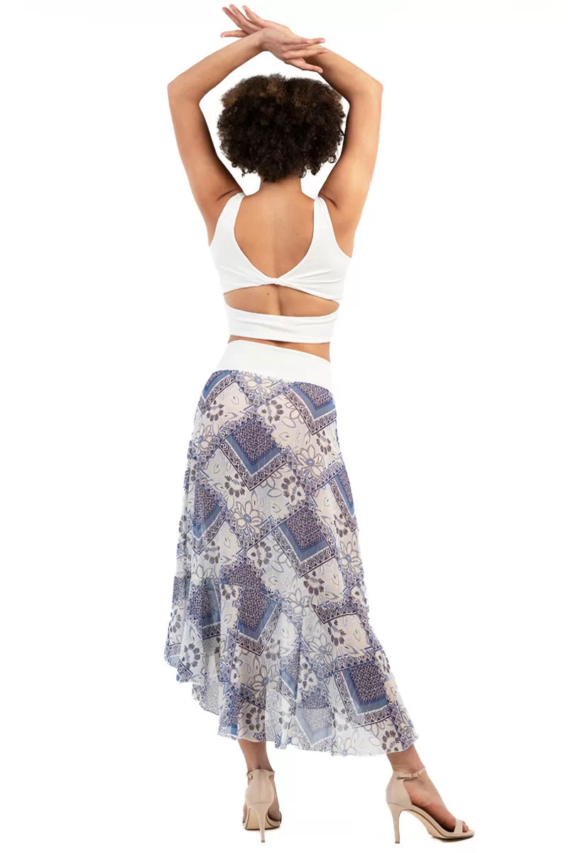 Blue Printed Asymmetric Tango Wrap Skirt With Ruffles