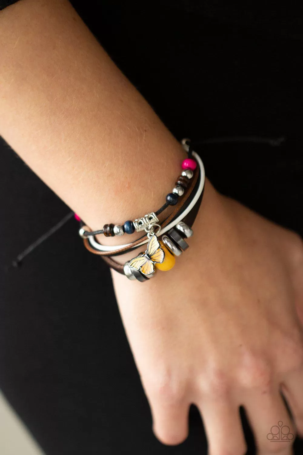 Bodacious Butterfly Multi-colored Bead and Leather Urban Knot Bracelet - Paparazzi Accessories