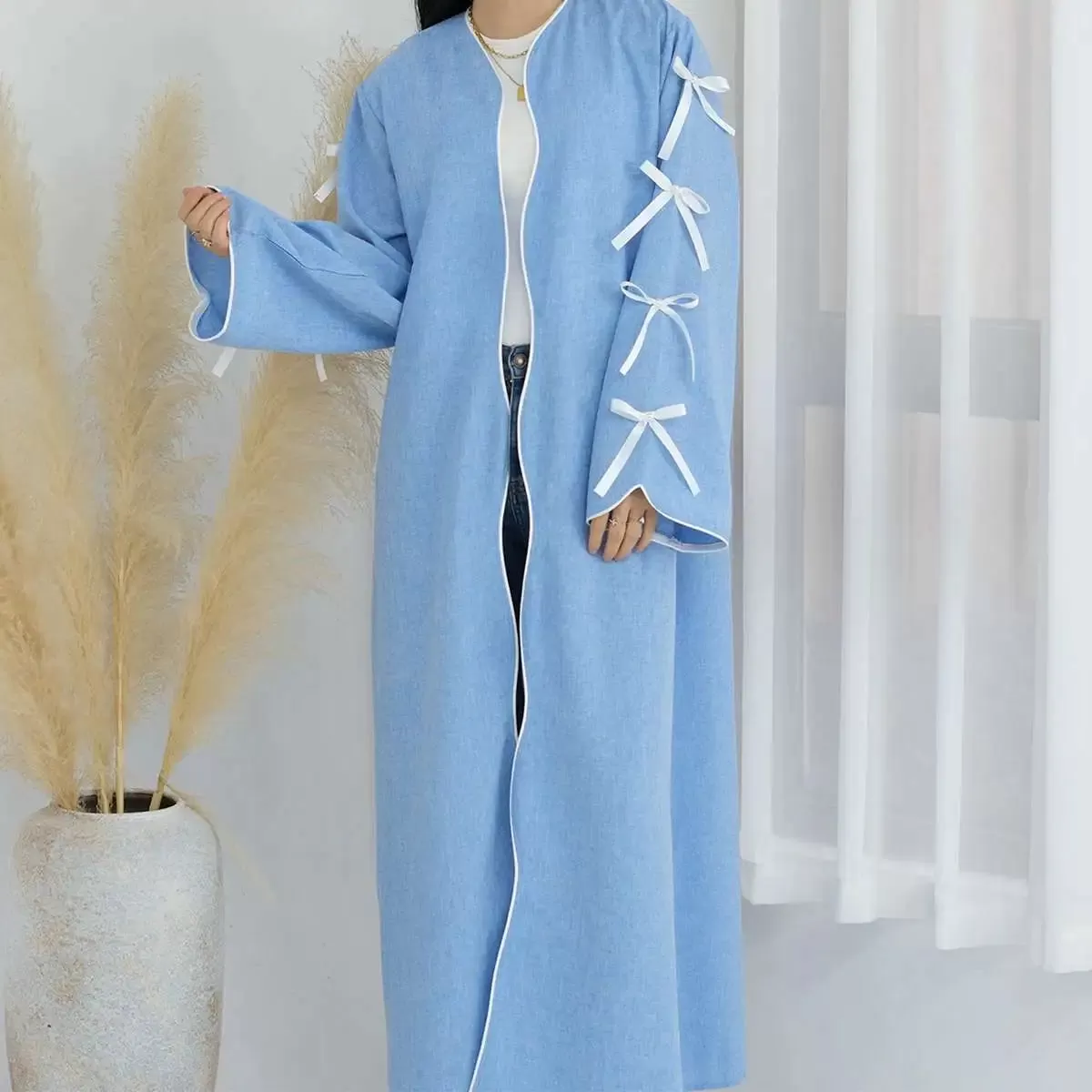 Bowknot Sleeve Muslim Women Cardigan Open Abaya Dress