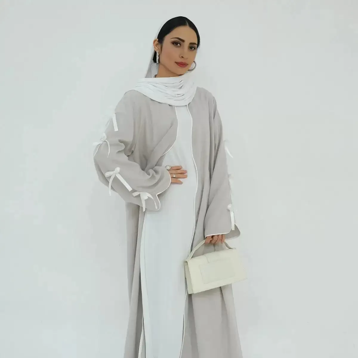 Bowknot Sleeve Muslim Women Cardigan Open Abaya Dress