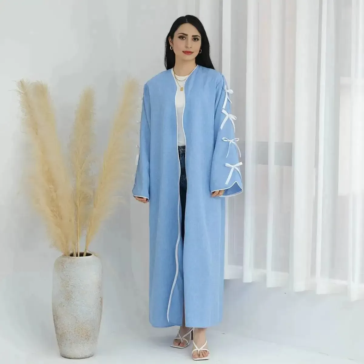 Bowknot Sleeve Muslim Women Cardigan Open Abaya Dress