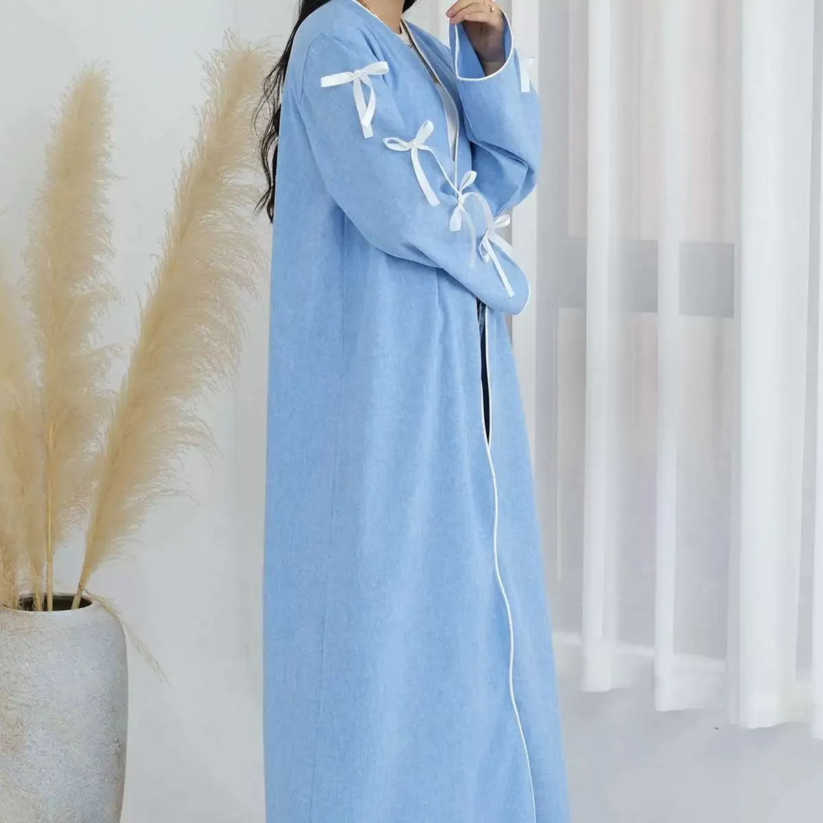 Bowknot Sleeve Muslim Women Cardigan Open Abaya Dress