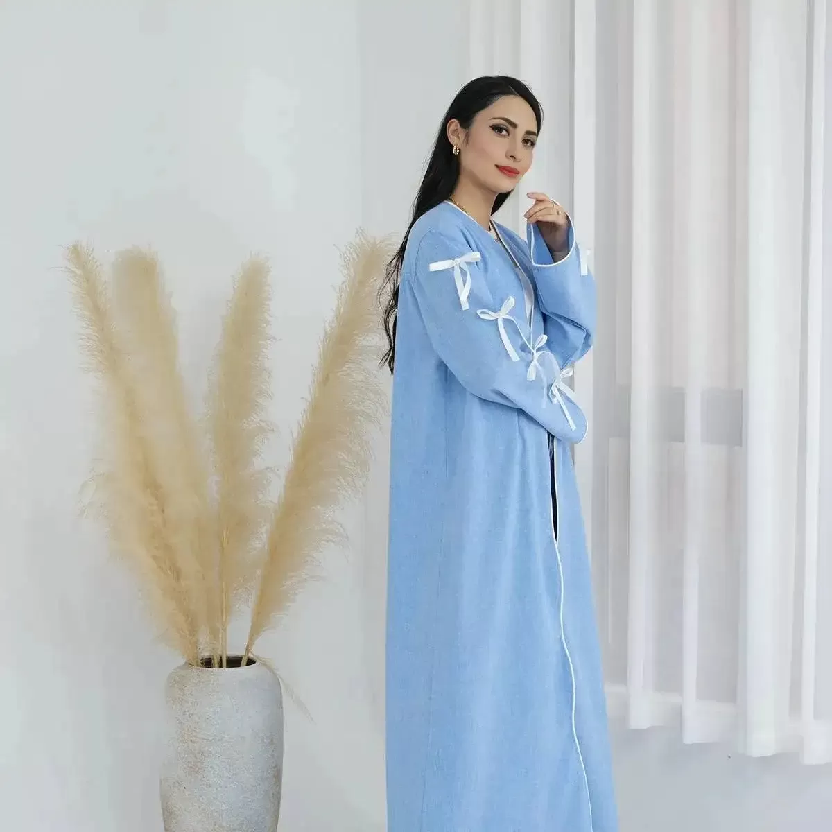 Bowknot Sleeve Muslim Women Cardigan Open Abaya Dress