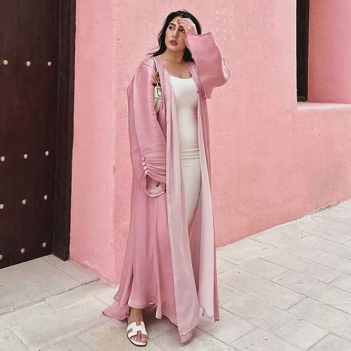 Bright Satin Muslim Women Cardigan Open Abaya Dress