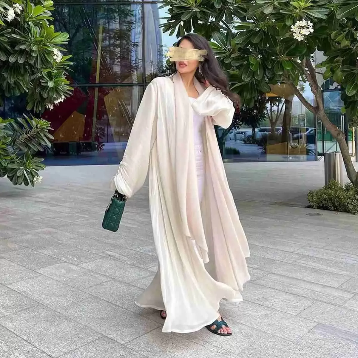 Bright Satin Muslim Women Cardigan Open Abaya Dress