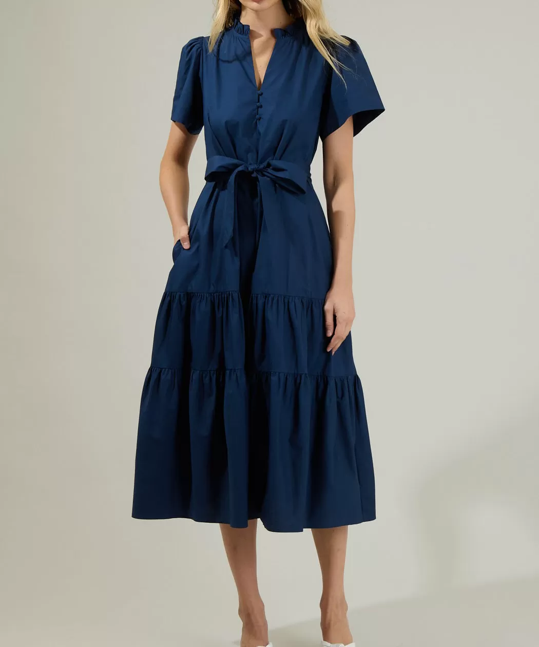 Britt Poplin Tiered Midi Dress - Navy