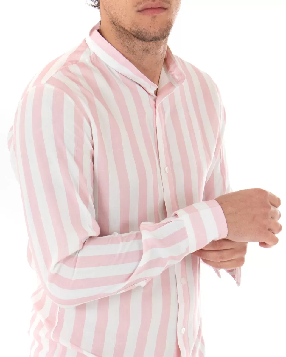 Camicia Uomo Collo Coreano Manica Lunga Viscosa Fantasia a Righe Rosa GIOSAL-C1921A