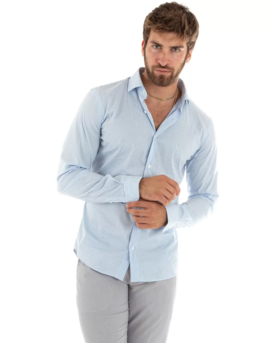 Camicia Uomo Con Colletto Francese Manica Lunga Quadretti Azzurro GIOSAL-C2746A