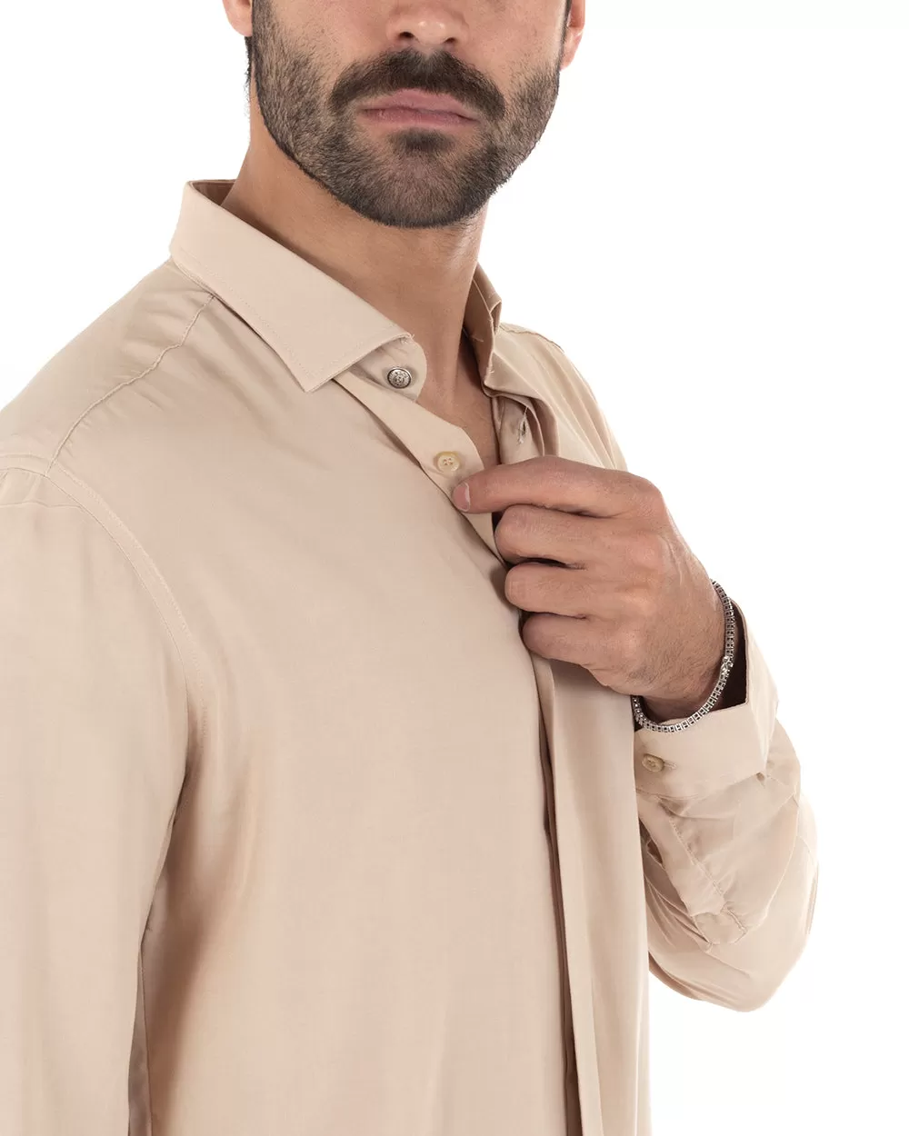 Camicia Uomo Con Colletto Manica Lunga Viscosa Morbida Comoda Beige GIOSAL-C2326A