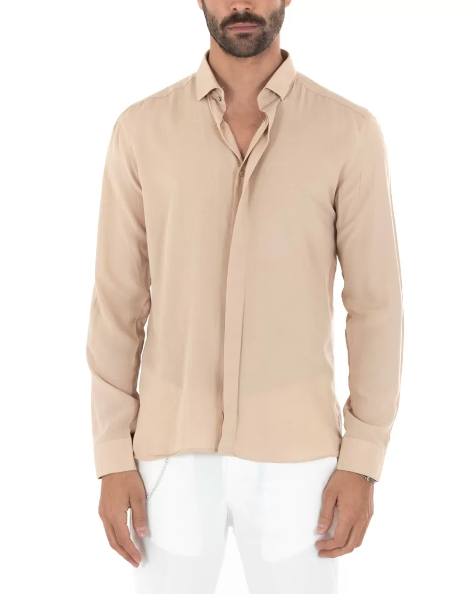 Camicia Uomo Con Colletto Manica Lunga Viscosa Morbida Comoda Beige GIOSAL-C2326A