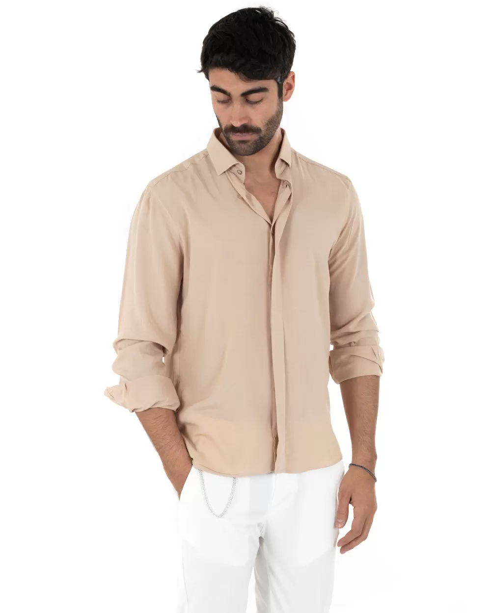 Camicia Uomo Con Colletto Manica Lunga Viscosa Morbida Comoda Beige GIOSAL-C2326A