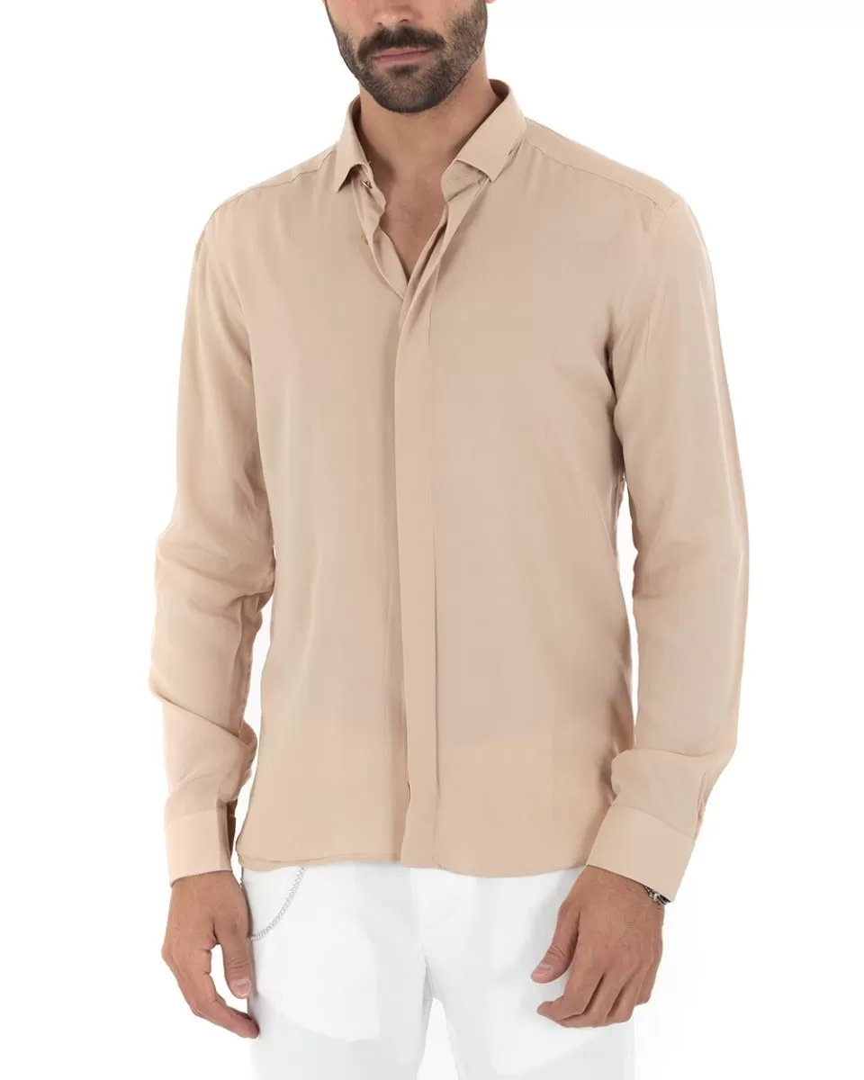 Camicia Uomo Con Colletto Manica Lunga Viscosa Morbida Comoda Beige GIOSAL-C2326A