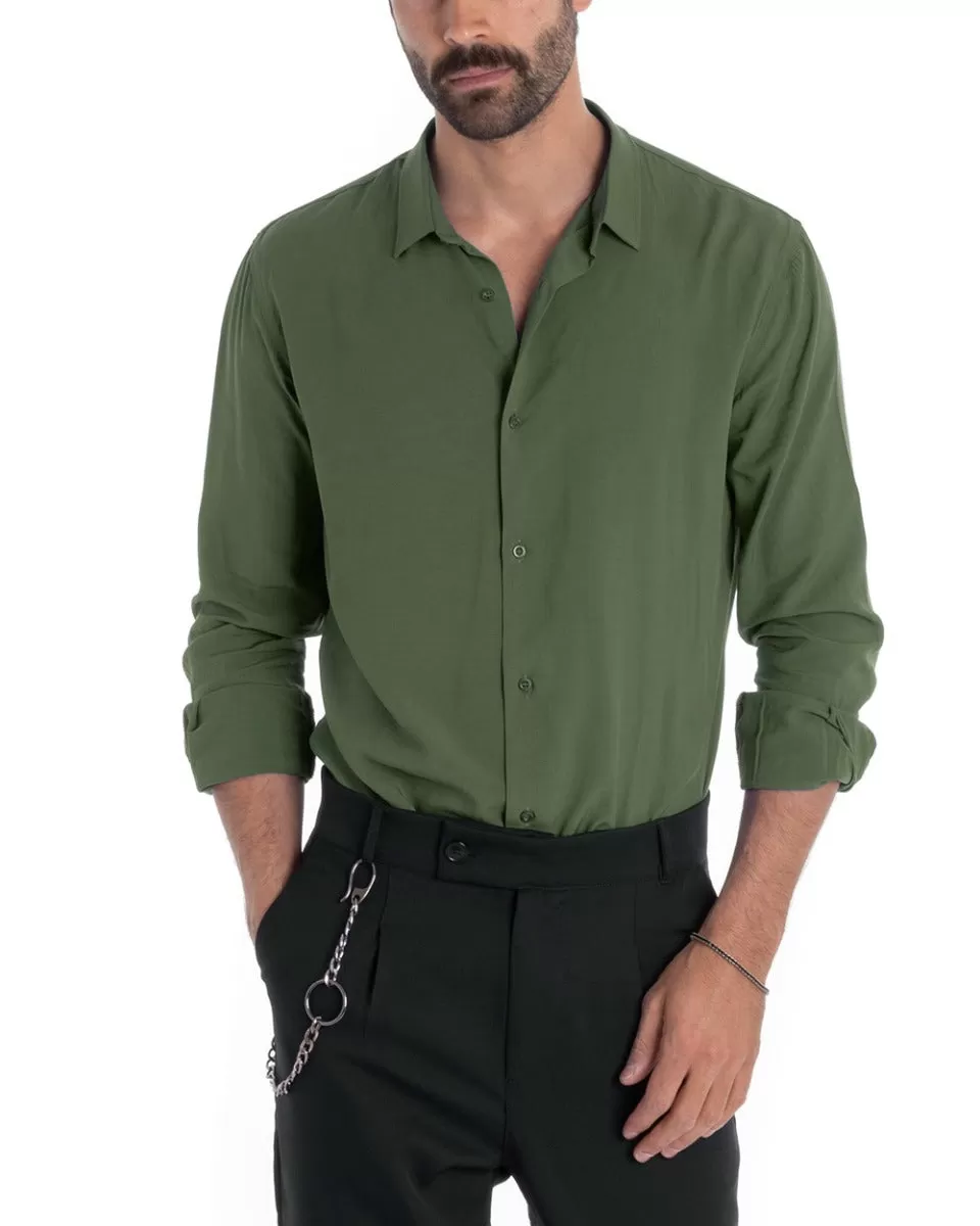 Camicia Uomo Sartoriale Con Colletto Manica Lunga Basic Viscosa Morbida Verde Militare GIOSAL-C2650A