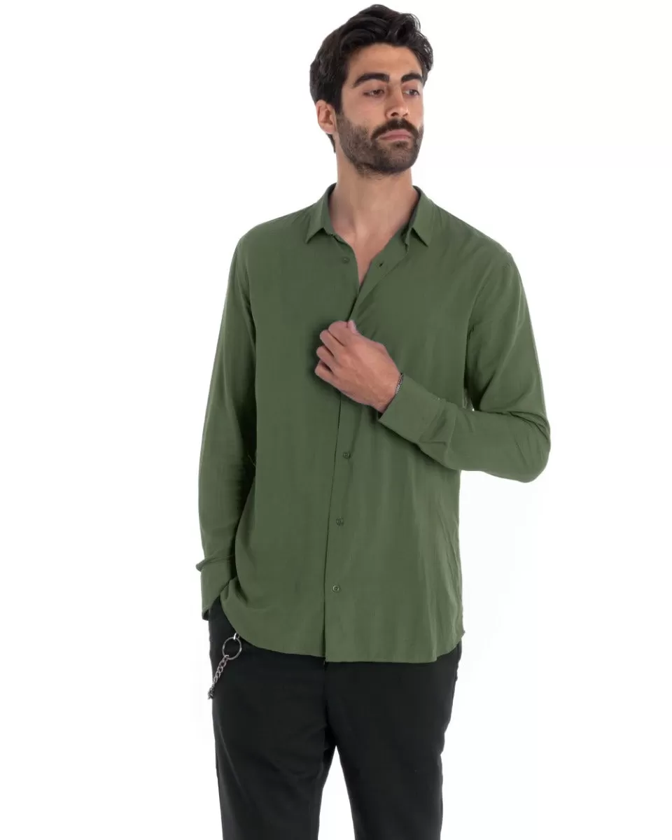 Camicia Uomo Sartoriale Con Colletto Manica Lunga Basic Viscosa Morbida Verde Militare GIOSAL-C2650A