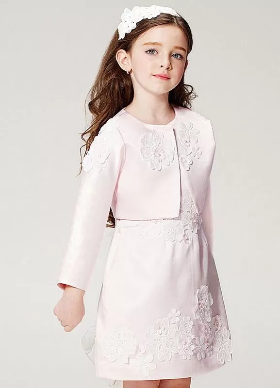 Champagne A-line Flower Girl Applique Beaded Outfit Kids Formal Dress With Jacket